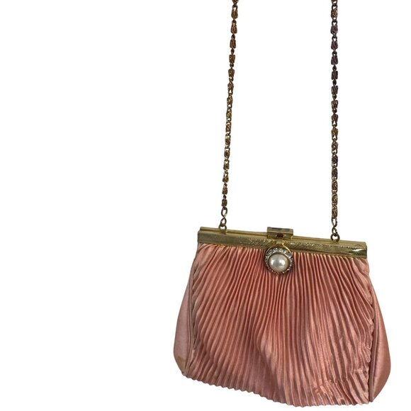 Vintage Unbranded Womens Pink 80s Silk Gold Hardware Rhinestone Shoulder Bag S - Picture 8 of 10